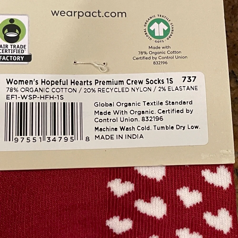 NEW! Pact Hopeful Hearts  Premium Crew Socks Two Pair NWT!